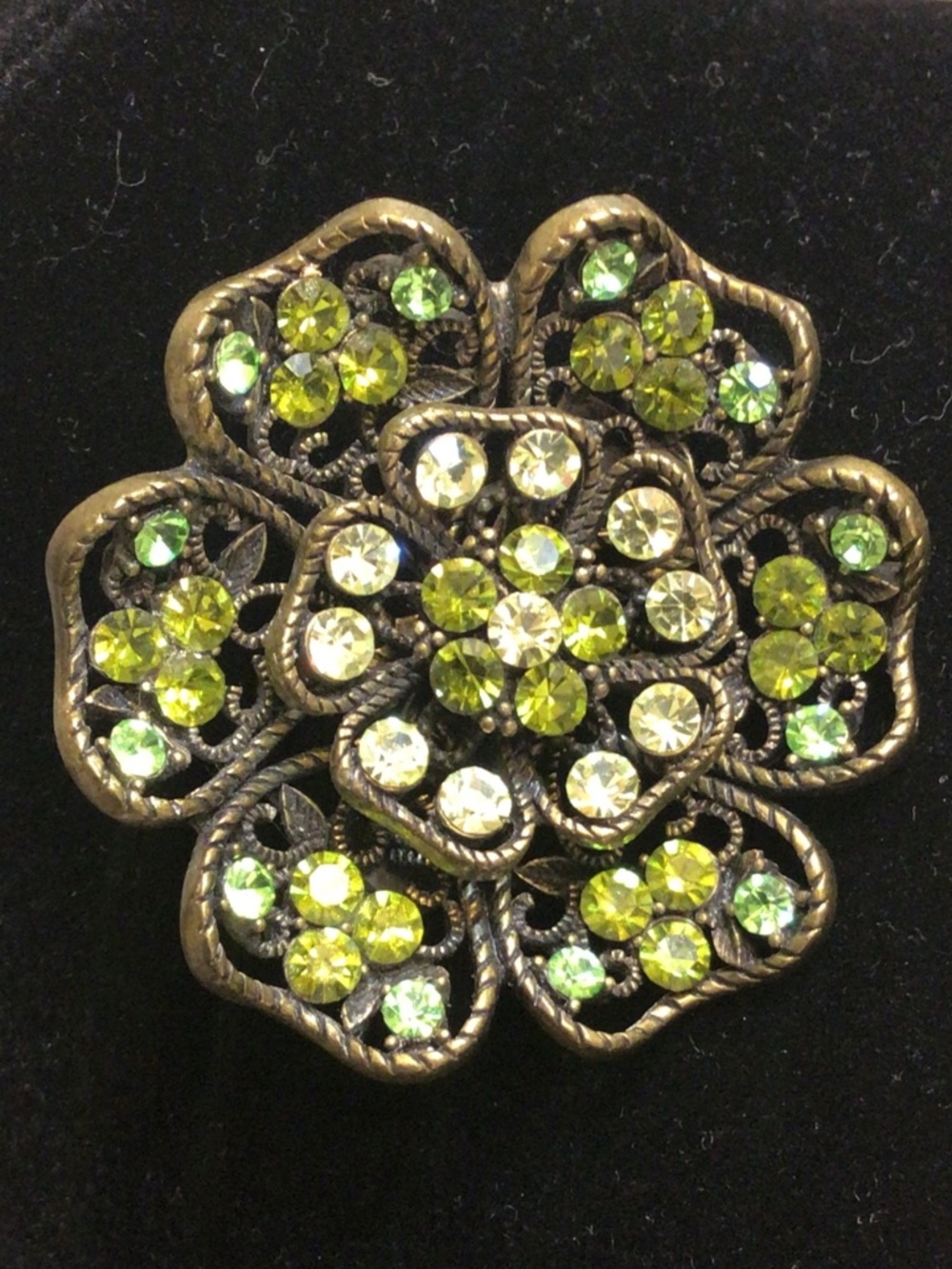 Floral Filigree Brooch Vintage Costume Jewelry Pin Green Rhinestones